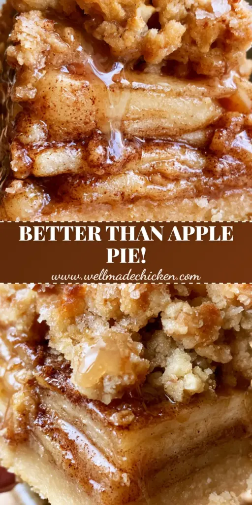 Apple Bars with Salted Caramel and Toasted Oat Crumble 4 A thick, golden-brown Apple Bar with a visible shortbread crust, glistening caramelized apples, and a heavy oat crumble topping with salted caramel drizzle.