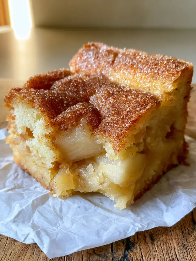 Extreme close-up of the sparkling golden-brown cinnamon-sugar crust on top of Apple Snickerdoodle Bars.