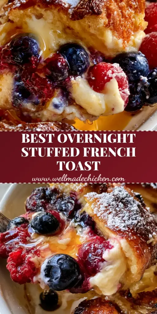Berries and Cream Stuffed French Toast Casserole with Custardy Brioche 4 A close-up scoop of Berries and cream stuffed French toast casserole with visible cream cheese pockets and bursting berries.