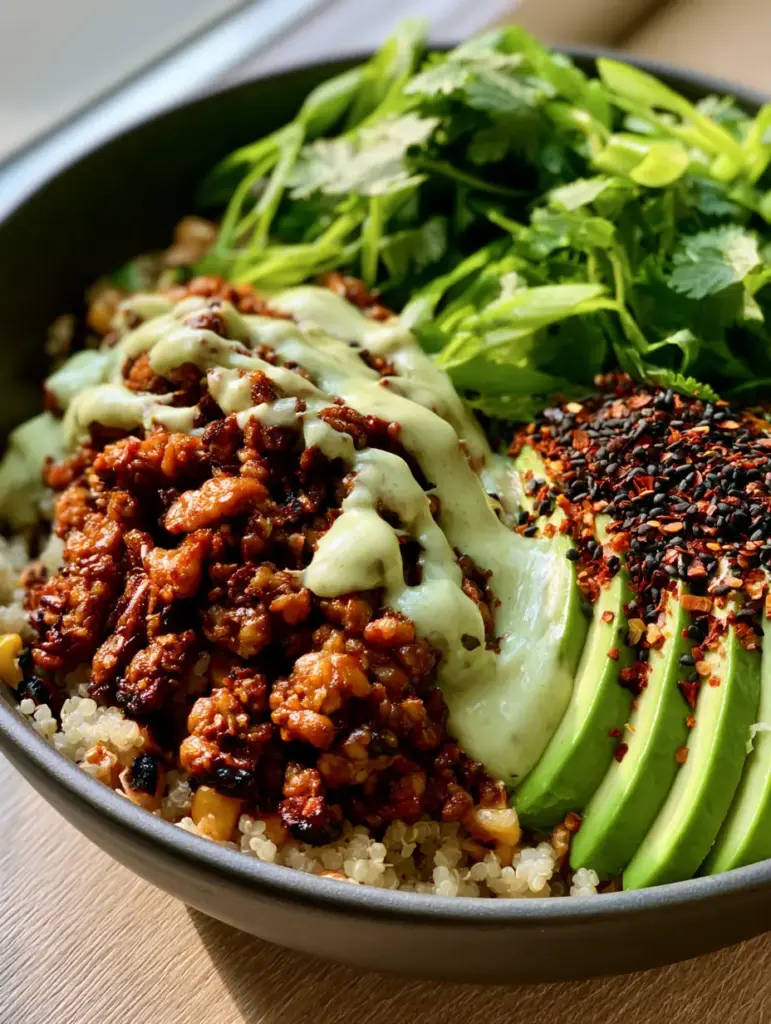 Meatless Dinner Recipes: Crispy Umami Tempeh & Quinoa Power Bowls 2 Close-up of crispy crumbled tempeh with caramelized edges and charred corn for meatless dinner recipes.