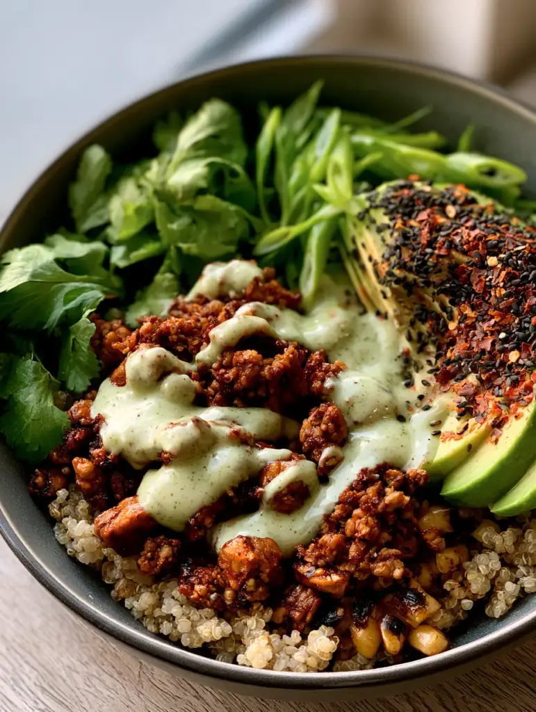 Meatless Dinner Recipes: Crispy Umami Tempeh & Quinoa Power Bowls 1 A top-down shot of a quinoa power bowl featuring sliced avocado and lime crema drizzle.