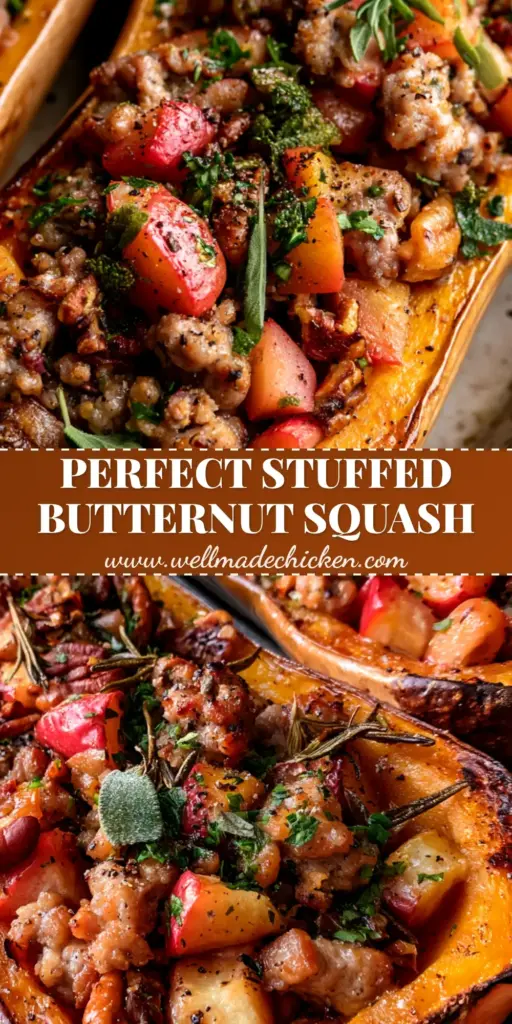 Stuffed Butternut Squash with Savory Sausage, Apples, and Toasted Pecans 3 A rustic cast-iron skillet featuring two roasted stuffed butternut squash halves overflowing with sausage, apples, and pecans, garnished with rosemary sprigs and sage.