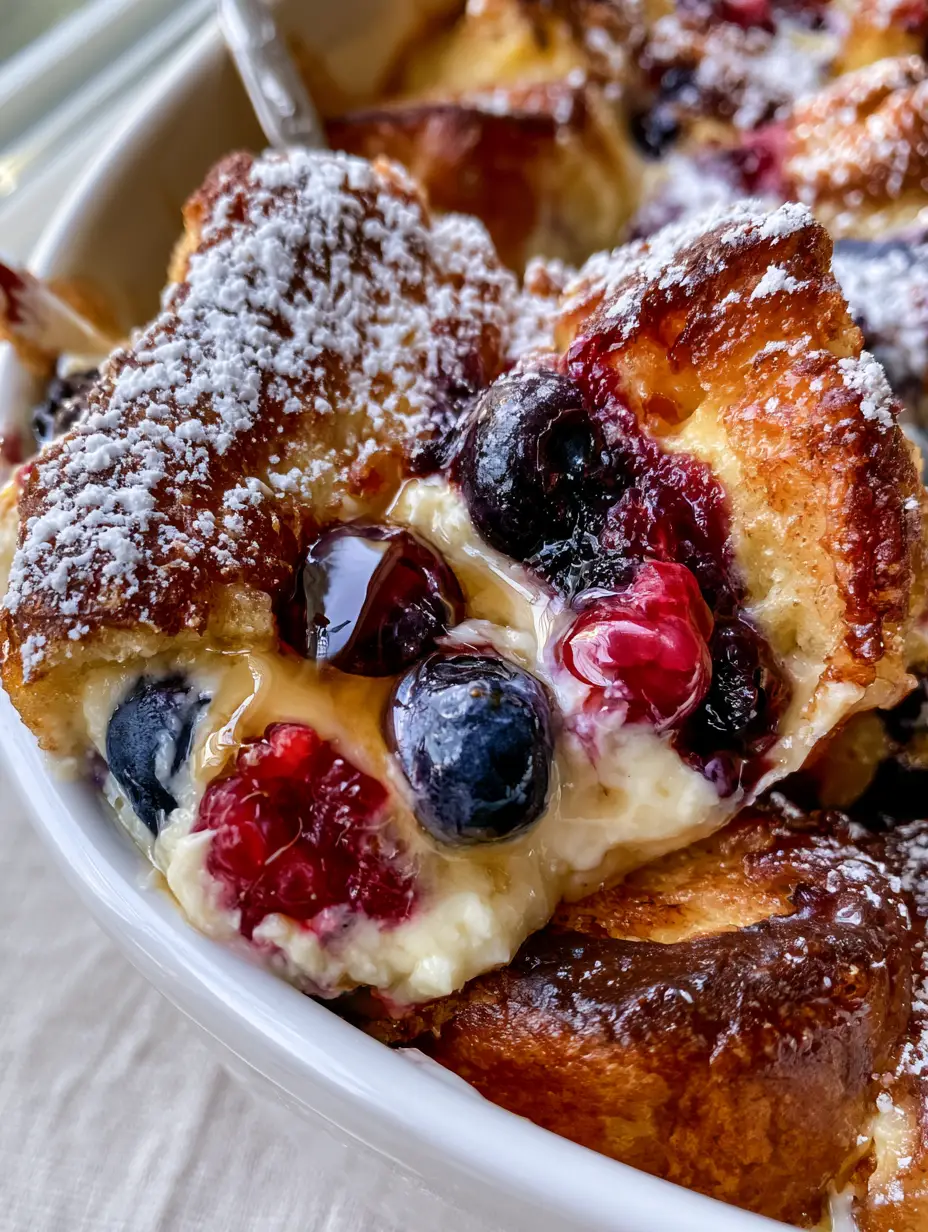 Berries and Cream Stuffed French Toast Casserole with Custardy Brioche 3 A macro shot of custardy brioche French toast with melted cream cheese and fresh raspberries. (Berries and cream stuffed French toast casserole)