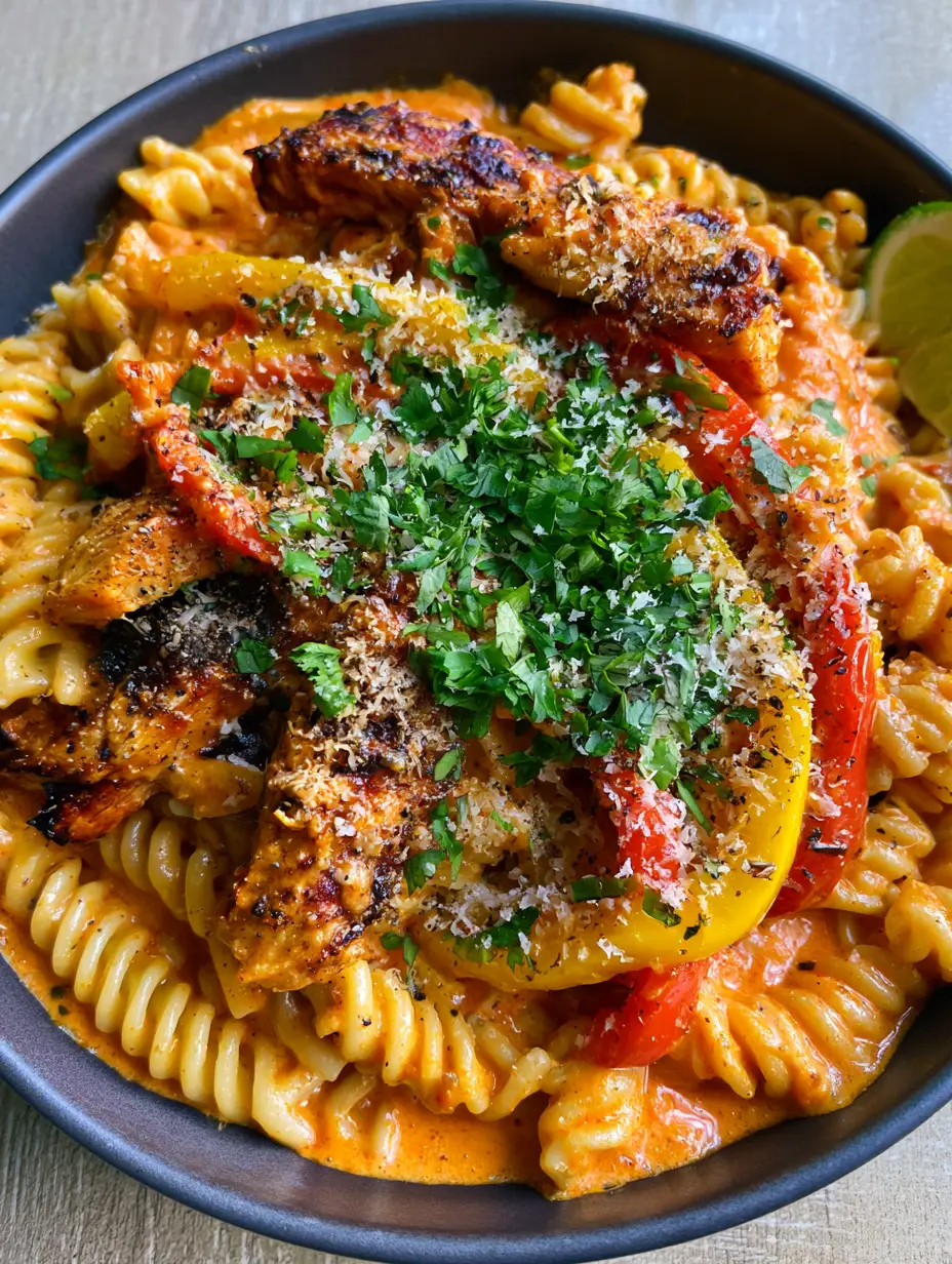 Top-down view of creamy chicken fajita pasta showing the glossy sunset-orange sauce and seared chicken strips. (creamy chicken fajita pasta)
