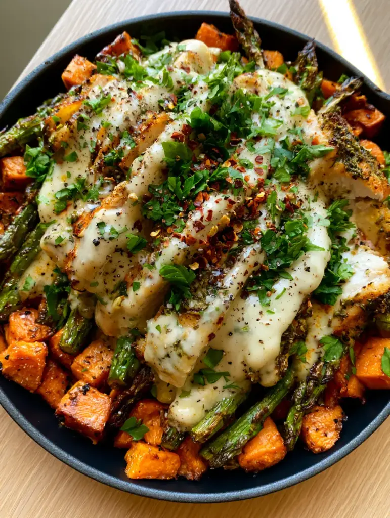 Quick Paleo Dinner Recipes: Herb-Crusted Chicken and Caramelized Sweet Potato Skillet 1 A matte black skillet on a wooden table filled with a colorful Paleo meal including sweet potatoes, chicken, and a glossy ivory sauce. (Quick paleo dinner recipes)