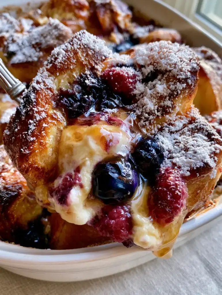 Berries and Cream Stuffed French Toast Casserole with Custardy Brioche 1 Lifting a scoop of Berries and cream stuffed French toast casserole from a ceramic dish.
