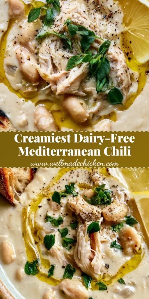 Mediterranean White Chicken Chili with Creamy Cannellini Broth 4 An overhead close-up of Mediterranean White Chicken Chili in a rustic bowl with lemon slices, fresh oregano, and charred sourdough bread.