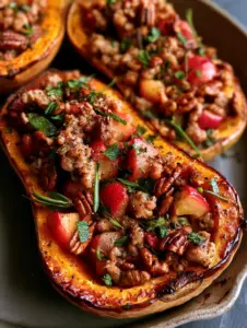 Extreme close-up of stuffed butternut squash showing caramelized edges and juicy sausage crumbles with skin-on red apples.
