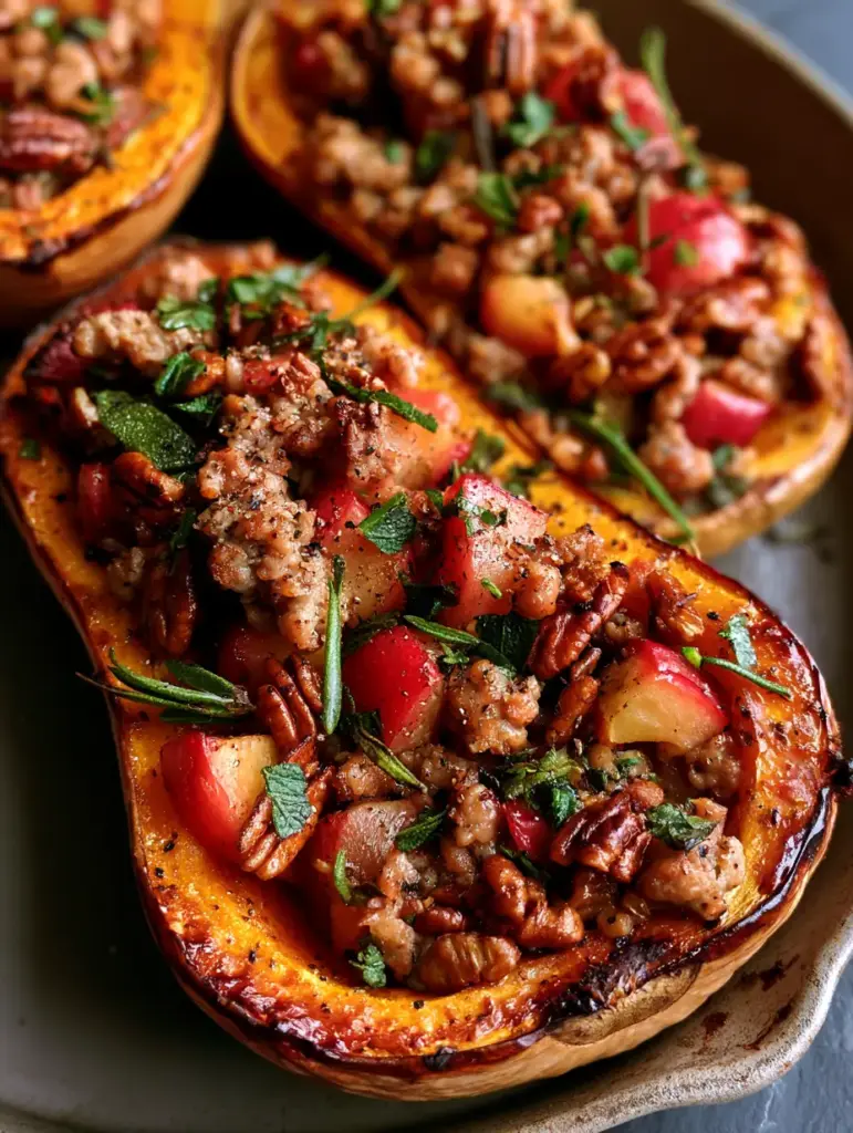 Stuffed Butternut Squash with Savory Sausage, Apples, and Toasted Pecans 2 Extreme close-up of stuffed butternut squash showing caramelized edges and juicy sausage crumbles with skin-on red apples.
