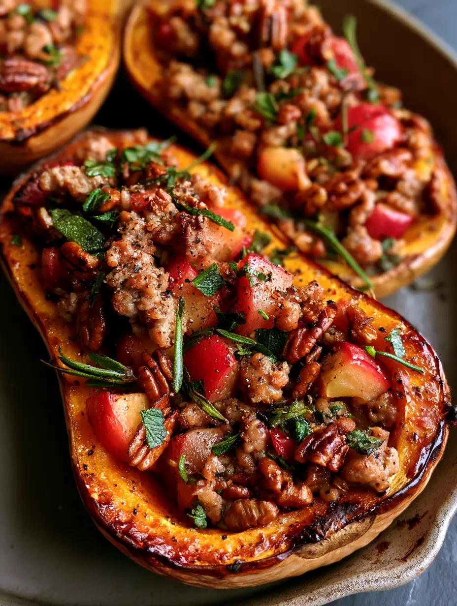 Stuffed Butternut Squash with Savory Sausage, Apples, and Toasted Pecans 4 Extreme close-up of stuffed butternut squash showing caramelized edges and juicy sausage crumbles with skin-on red apples.