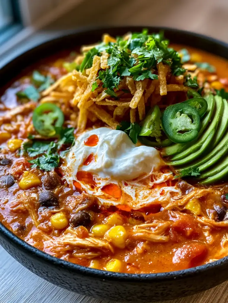 Taco Soup Recipe: The Ultimate 30-Minute Velvet Chicken Soup 1 Low angle view of taco soup garnished with melting sour cream and glistening red chili oil.