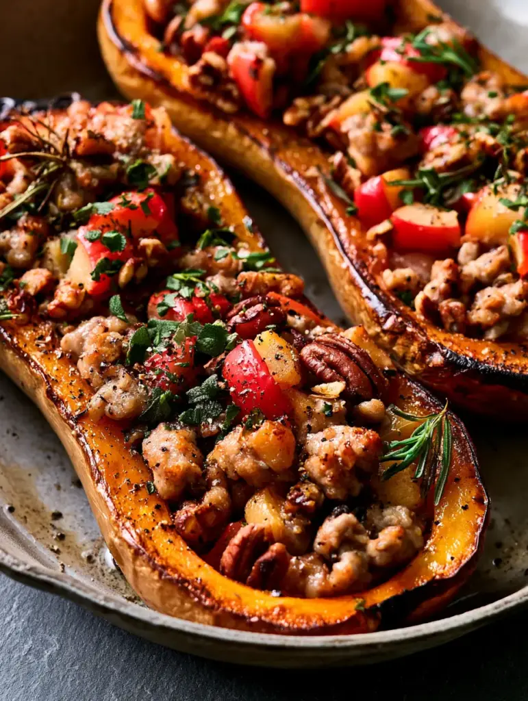 Stuffed Butternut Squash with Savory Sausage, Apples, and Toasted Pecans 1 High-angle shot of two roasted squash halves in a skillet, steam rising from the hot filling of pork sausage and pecans.