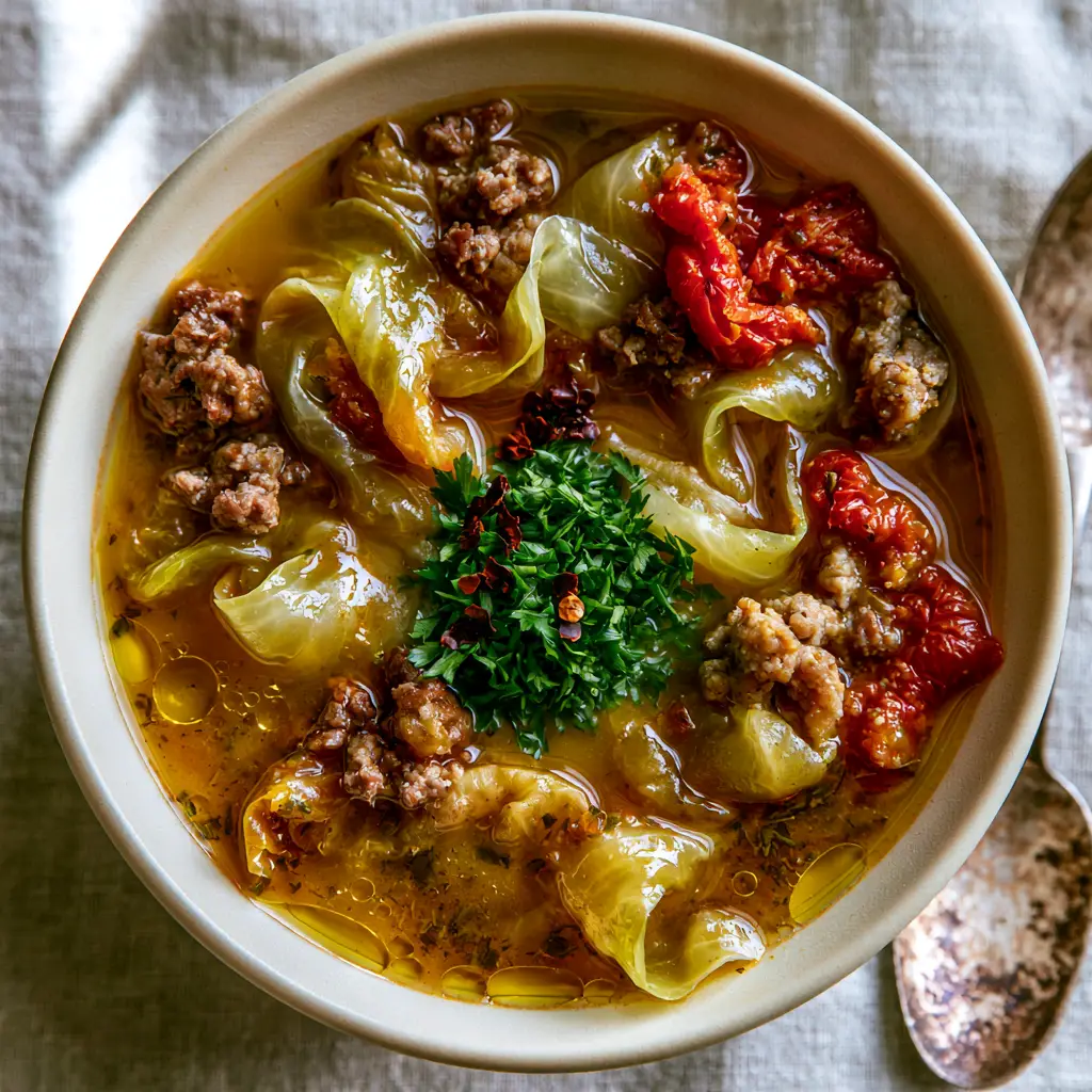 Instant Pot Cabbage Soup: A Hearty 30-Minute Savory Meal 2 Top-down macro shot of Instant Pot cabbage soup with translucent cabbage ribbons and glossy golden-brown broth flecked with parsley. (Instant Pot cabbage soup)