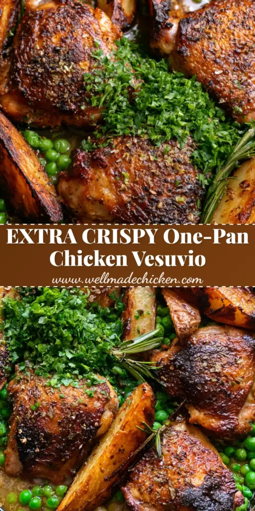 Chicken Vesuvio: The Ultimate One-Pan Chicago Classic with Crispy Skin 4 A top-down view of Chicken Vesuvio in a cast iron skillet with crispy golden chicken thighs, roasted potatoes, and bright green peas. (Chicken Vesuvio)