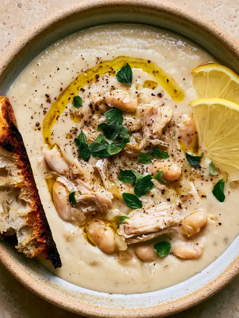 Mediterranean White Chicken Chili with Creamy Cannellini Broth 1 Close up shot of hand-shredded chicken breast and whole cannellini beans in a creamy Mediterranean chili.