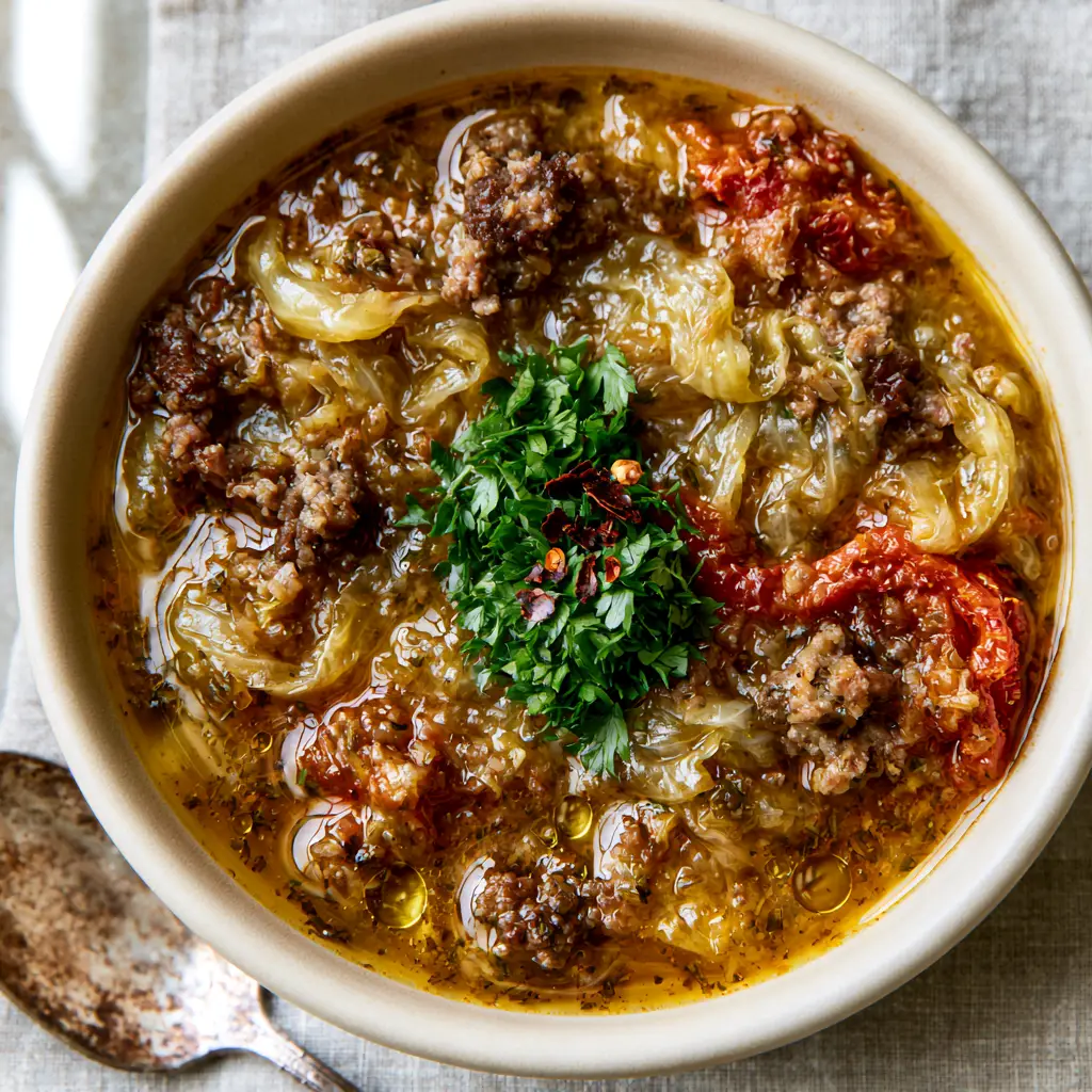 Instant Pot Cabbage Soup: A Hearty 30-Minute Savory Meal 1 Healthy Instant Pot cabbage soup in a cream bowl showing tender carrots, beef crumbles, and red pepper flakes garnish.