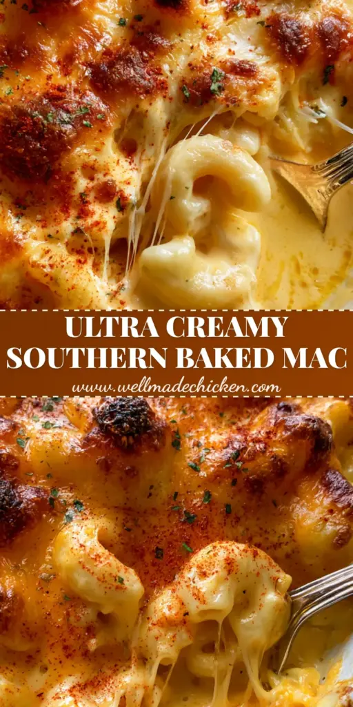 Southern Mac and Cheese: The Ultimate Baked Custard-Style Recipe 3 Overhead shot of Southern Mac and Cheese in a white dish with a bubbling golden brown crust and cheese strings. (Southern Mac and Cheese)