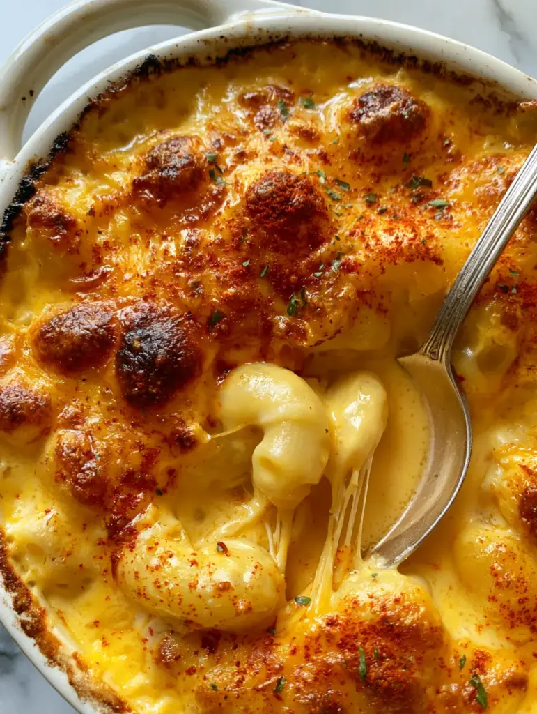 Southern Mac and Cheese: The Ultimate Baked Custard-Style Recipe 2 Close-up of charred cheese edges and melted sharp orange cheddar strings on top of macaroni. (Southern Mac and Cheese)