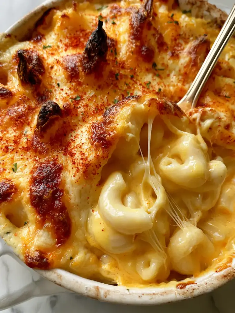 Southern Mac and Cheese: The Ultimate Baked Custard-Style Recipe 1 A silver spoon pulling strings of melted cheddar from a ceramic dish of Southern Mac and Cheese.