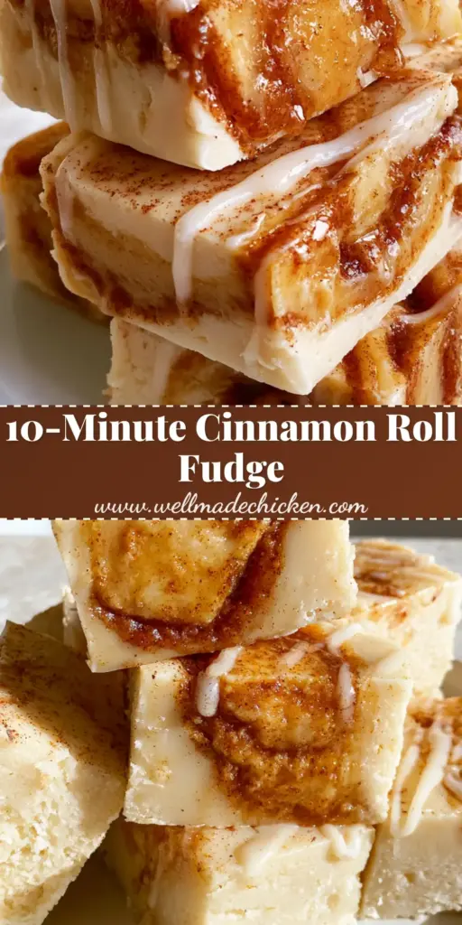 A stack of square-cut Cinnamon Roll Fudge pieces on a white plate, showing creamy white chocolate base and deep-amber cinnamon swirls with a sugar glaze drizzle. (Cinnamon Roll Fudge Recipe)
