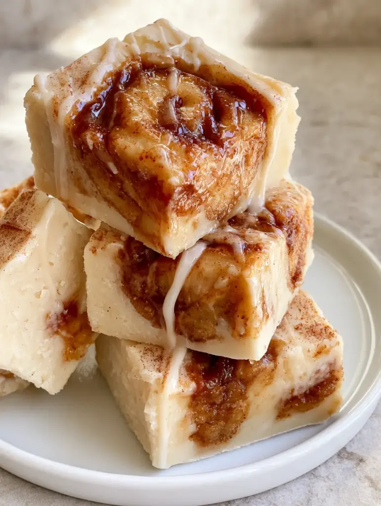 Close-up of square-cut cinnamon roll fudge stacked on a plate, highlighting the velvety white chocolate and glossy amber cinnamon marbling. (Cinnamon Roll Fudge Recipe)