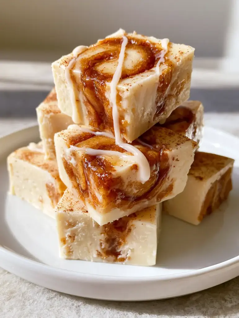 Handheld smartphone photo of Cinnamon Roll Fudge pieces tilted to show the marbling and translucent glaze drizzle on a stone countertop.