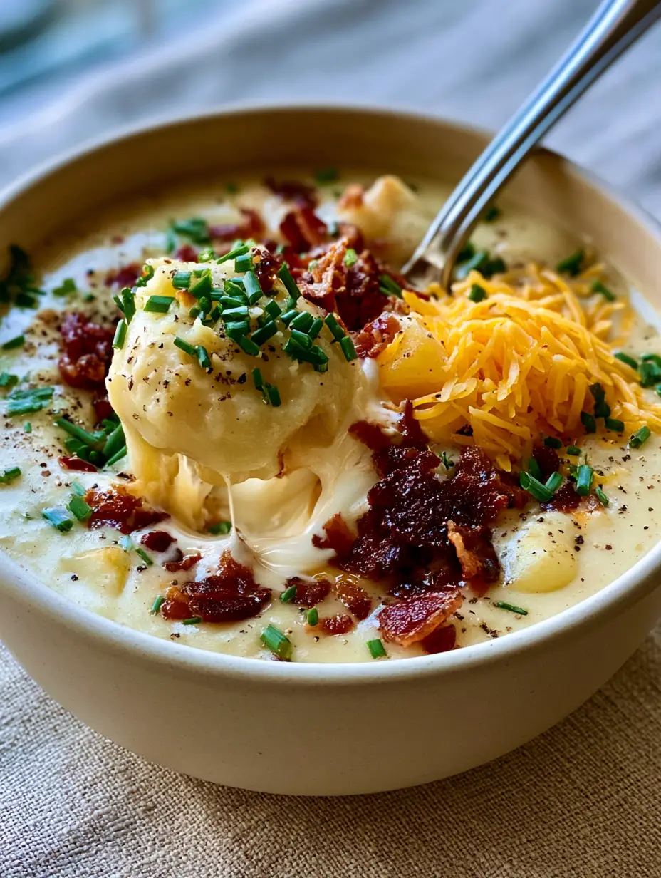 Homemade Potato Soup: The Ultimate Creamy Comfort in a Bowl 4 Macro photo of a silver spoon lifting a thick portion of ivory-colored Homemade Potato Soup with visible chunks of gold potatoes.