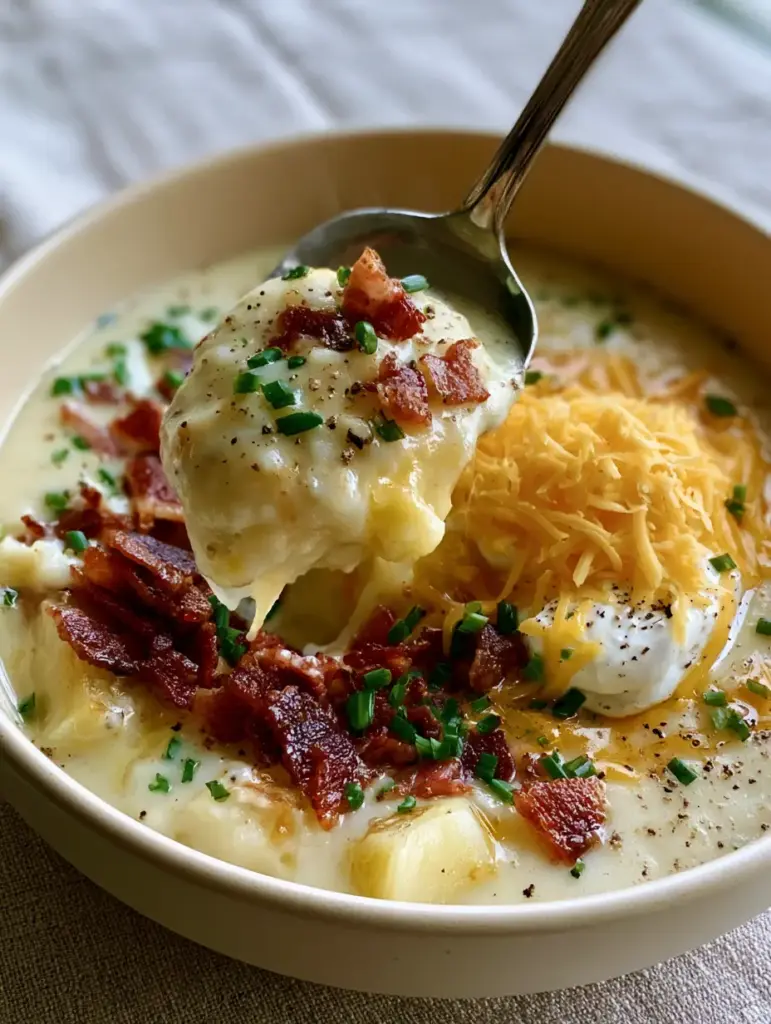 Homemade Potato Soup: The Ultimate Creamy Comfort in a Bowl 1 A steaming bowl of Homemade Potato Soup on a linen tablecloth, showing a mountain of melting sharp yellow cheddar and cracked black pepper.
