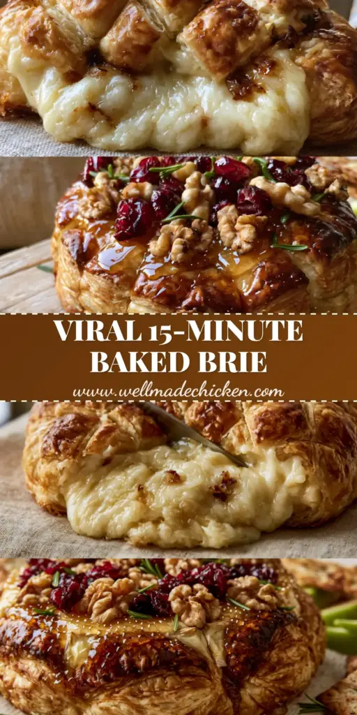 Baked Brie in Puff Pastry with Honey, Walnuts, and Cranberries 3 A vertical split-screen showing a silver knife slicing into a diamond-scored Baked Brie in puff pastry with molten cheese oozing out, topped with honey and walnuts.