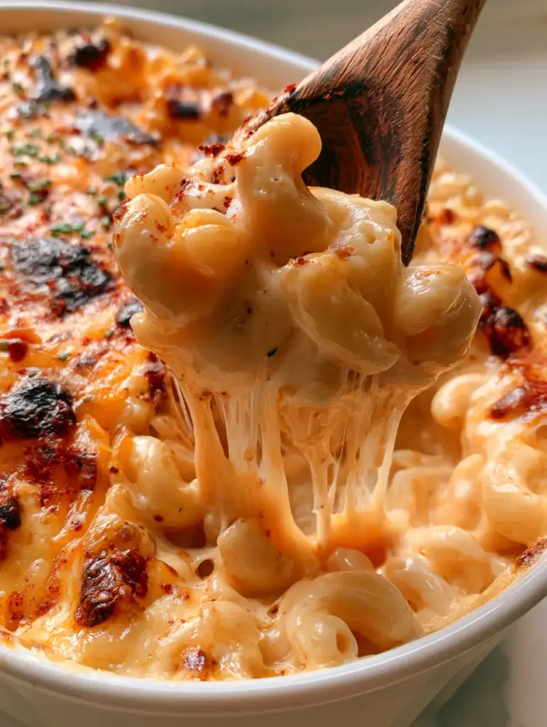 Creamy Baked Macaroni and Cheese: The Ultimate Ultra-Cheesy Recipe 2 Close-up of bubbling Creamy Baked Macaroni and Cheese in a white ceramic dish with toasted breadcrumbs and charred cheese spots.
