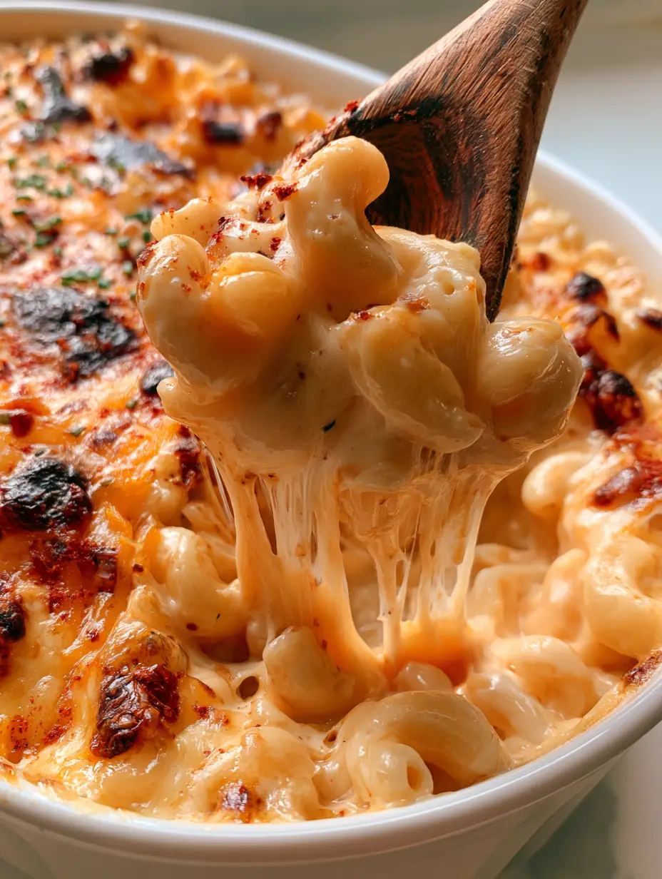 Creamy Baked Macaroni and Cheese: The Ultimate Ultra-Cheesy Recipe 3 Close-up of bubbling Creamy Baked Macaroni and Cheese in a white ceramic dish with toasted breadcrumbs and charred cheese spots.