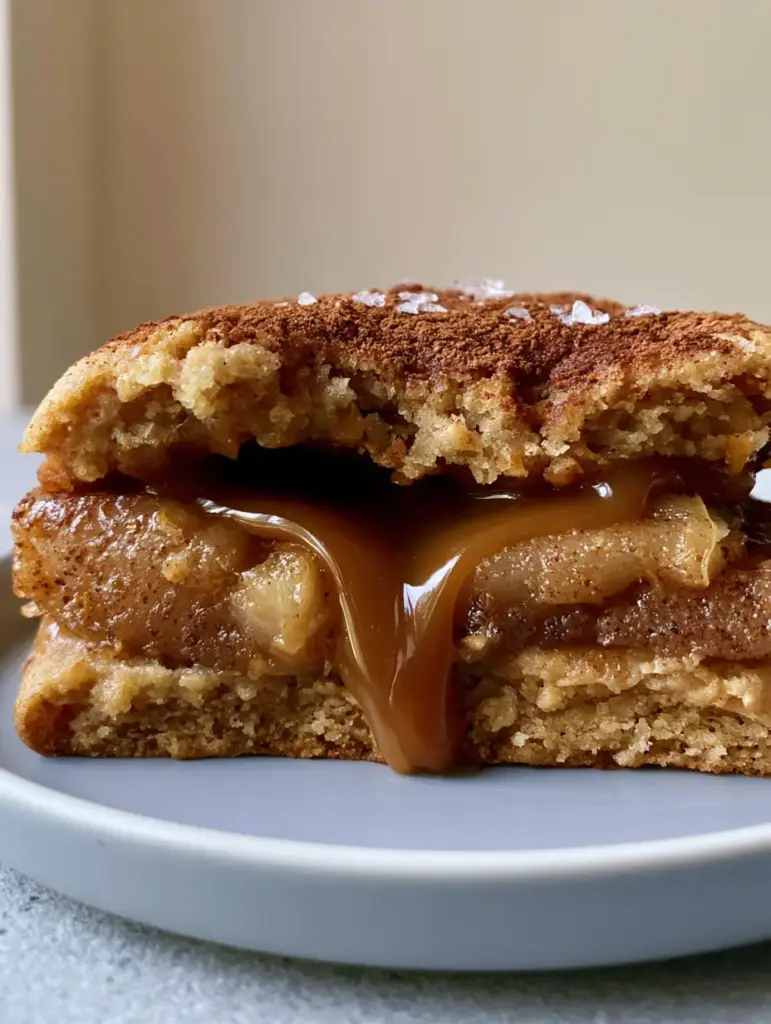 Bakery style Caramel Apple Cookies on a light gray ceramic plate with golden brown edges and sparkling sea salt flakes.