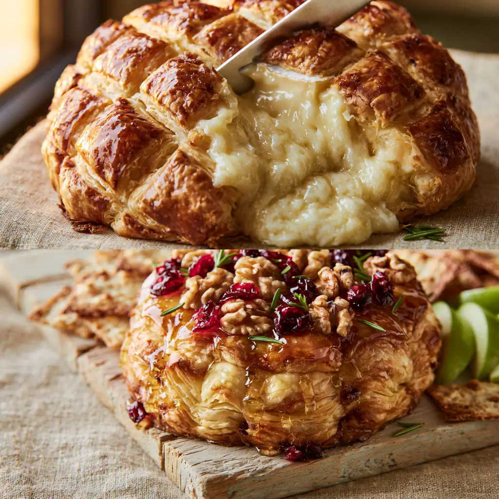 Baked Brie in Puff Pastry with Honey, Walnuts, and Cranberries 2 Close-up action shot of molten ivory-colored brie cheese oozing from a golden-brown flaky puff pastry parcel.