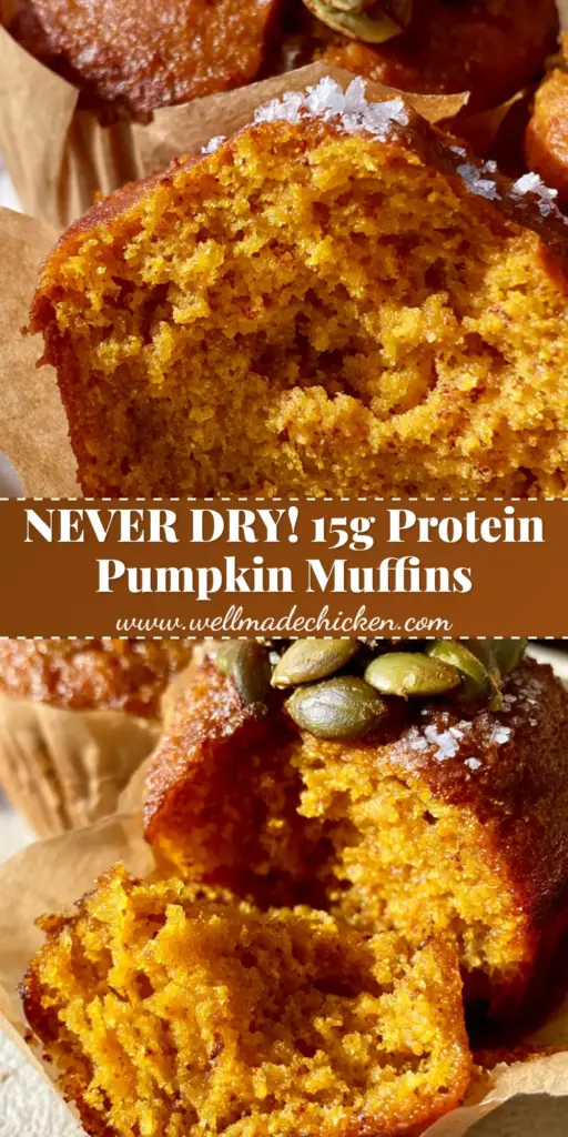 A vertical photo of paleo pumpkin protein muffins featuring a golden-brown top and toasted green pepitas, perfect for Pinterest saves.