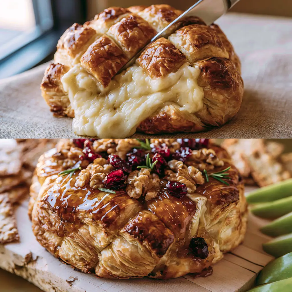 Baked Brie in Puff Pastry with Honey, Walnuts, and Cranberries 1 Full Baked Brie on a rustic wood board surrounded by green apple slices, toasted baguette, and rosemary sprigs.