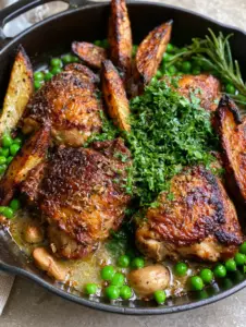 A close-up 45-degree angle shot of bone-in chicken thighs with blistered skin and charred potato wedges in a cast iron skillet. (Chicken Vesuvio)