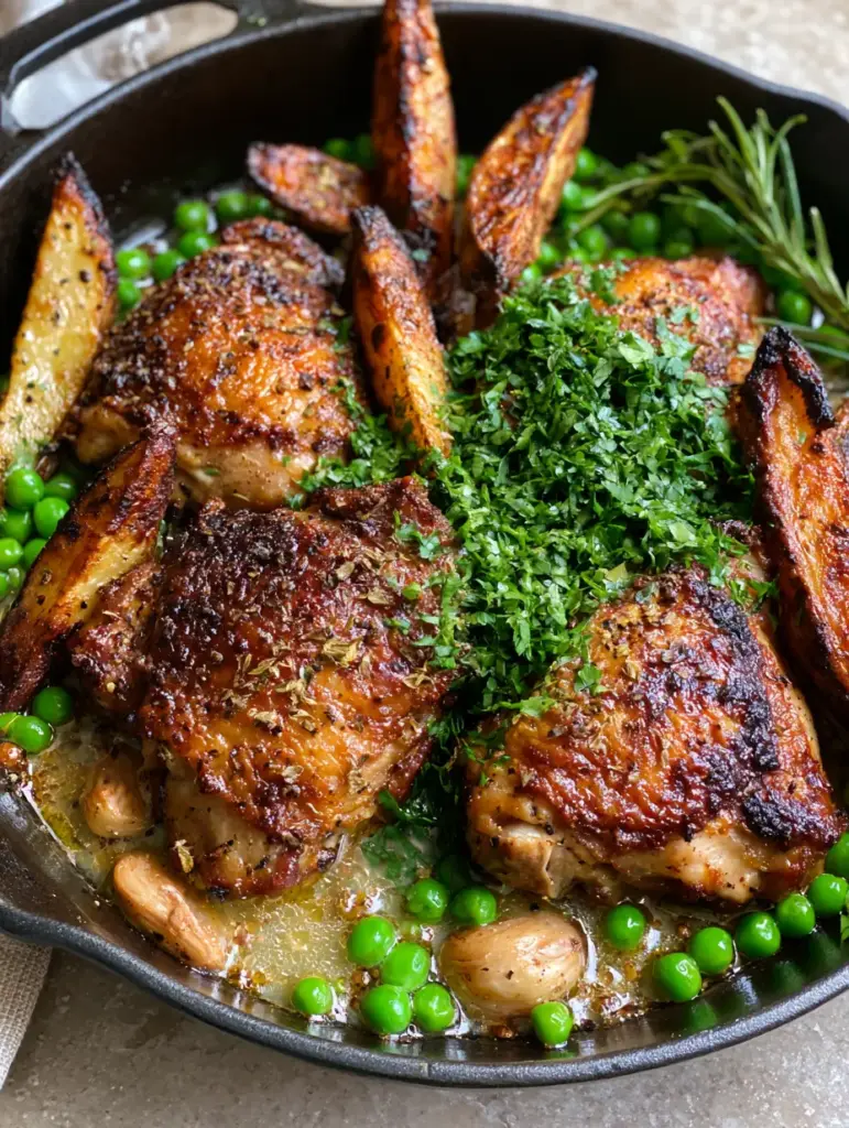 Chicken Vesuvio: The Ultimate One-Pan Chicago Classic with Crispy Skin 2 A close-up 45-degree angle shot of bone-in chicken thighs with blistered skin and charred potato wedges in a cast iron skillet. (Chicken Vesuvio)