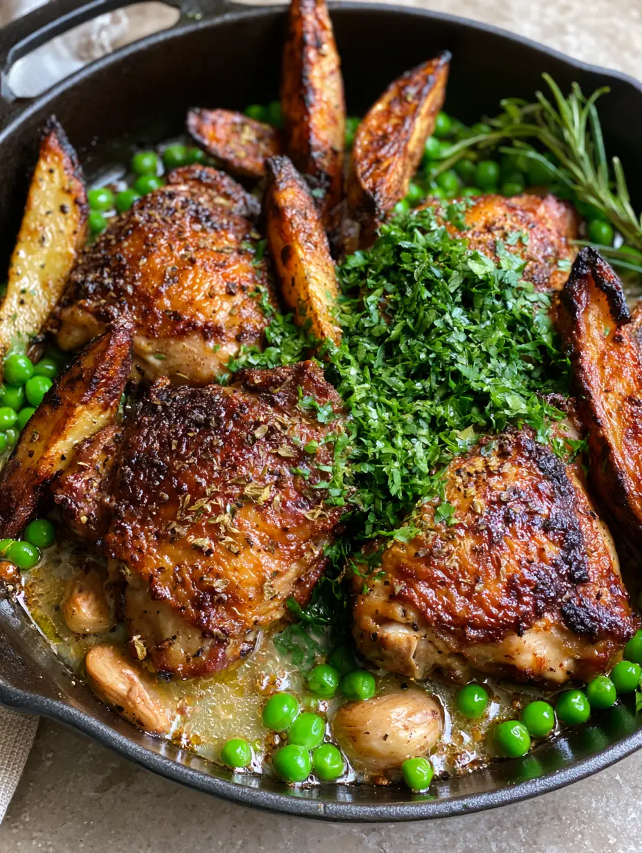 Chicken Vesuvio: The Ultimate One-Pan Chicago Classic with Crispy Skin 3 A close-up 45-degree angle shot of bone-in chicken thighs with blistered skin and charred potato wedges in a cast iron skillet. (Chicken Vesuvio)