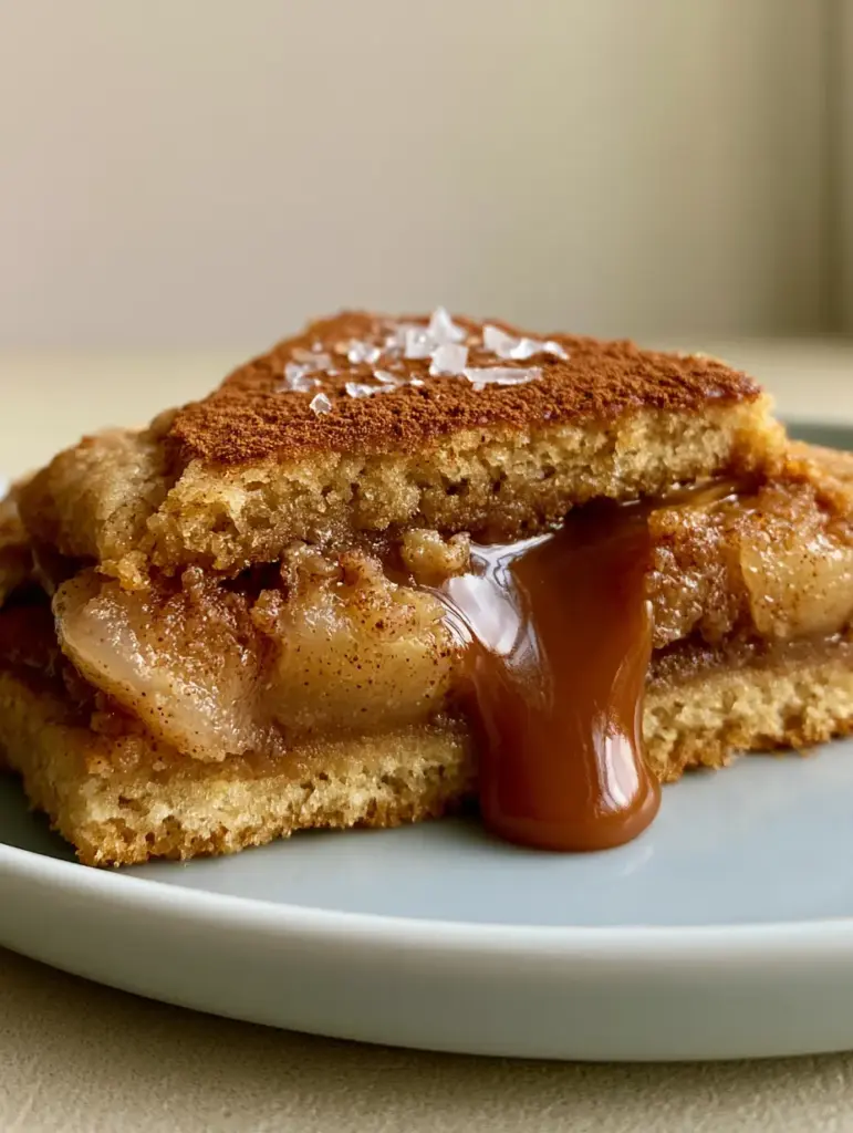 A thick, bakery-style caramel filled apple cookie showing the soft chewy crumb and oozing deep amber caramel.