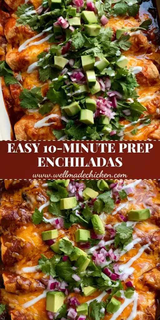 Turkey Enchiladas with Black Beans, Corn, and Zesty Lime Crema 4 A close-up shot of turkey enchiladas in a white dish topped with melted bubbly cheese, avocado chunks, and a lime crema drizzle.