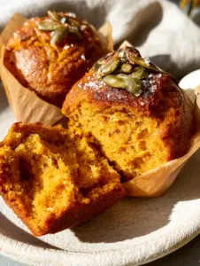 Extreme close-up of two paleo pumpkin protein muffins, one broken open to show an airy orange-gold crumb and rising steam.