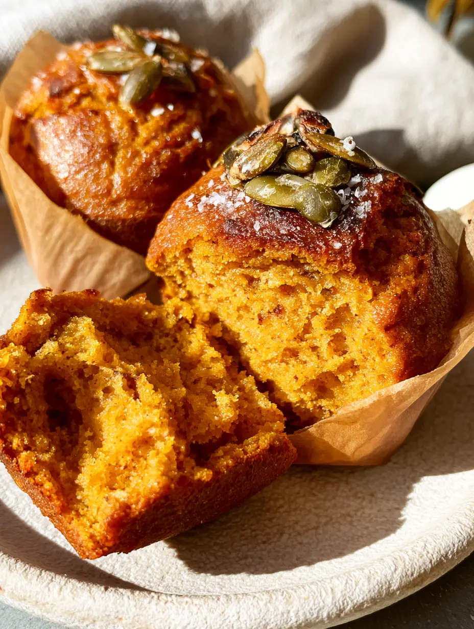 Extreme close-up of two paleo pumpkin protein muffins, one broken open to show an airy orange-gold crumb and rising steam.