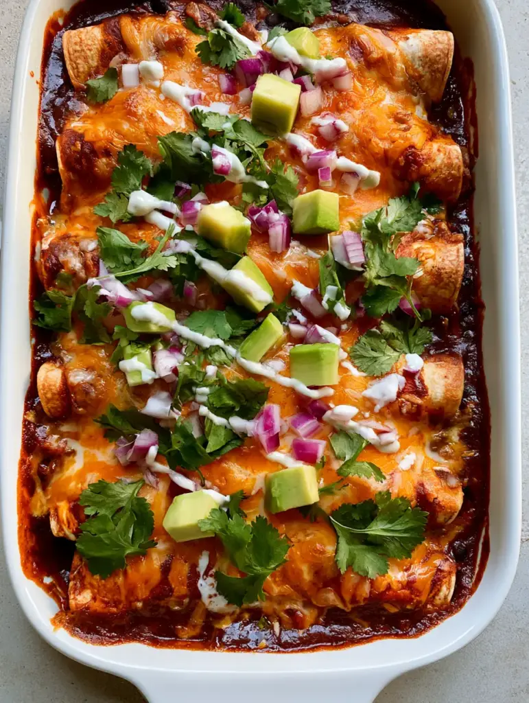 Turkey Enchiladas with Black Beans, Corn, and Zesty Lime Crema 1 A close-up of a lifted turkey enchilada revealing seasoned ground turkey, black beans, and yellow corn.