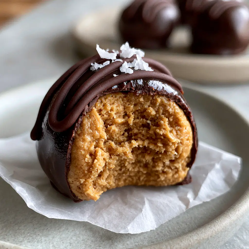 An eye-level extreme close-up of a single peanut butter ball with a clean bite taken out, revealing a moist golden-brown center and snappy chocolate shell. (peanut butter balls)