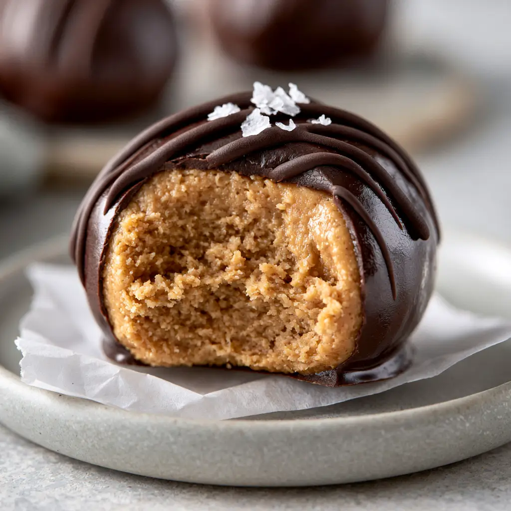 Three chocolate-covered peanut butter balls on a matte grey ceramic plate with glossy drizzle and Maldon salt flakes.