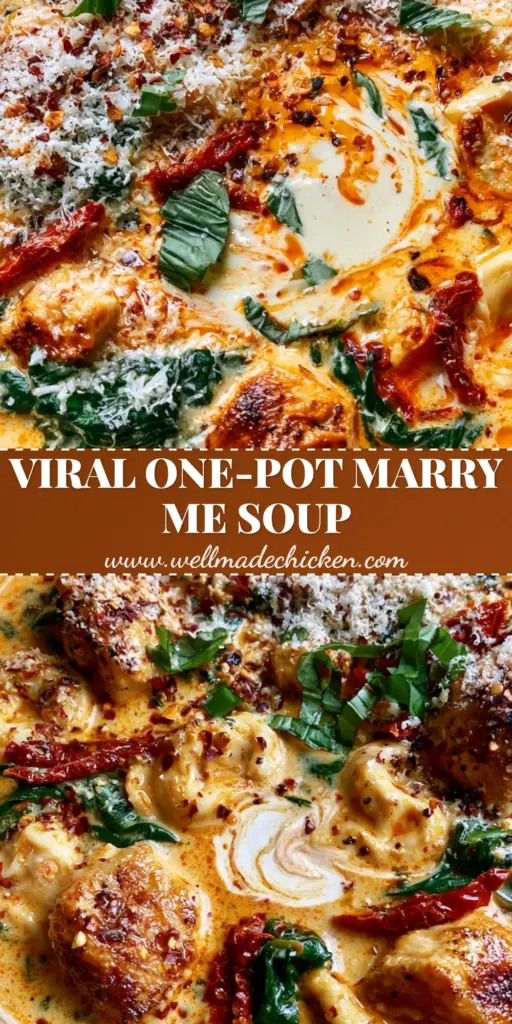Marry Me Chicken Soup with Cheese Tortellini and Sun-Dried Tomatoes 3 A rustic shallow bowl of creamy Marry Me chicken soup topped with parmesan cheese, fresh basil, and red pepper flakes.