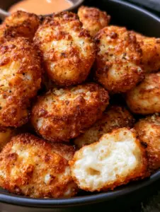 Extreme macro close-up of cottage cheese tots showing toasted parmesan bubbles and a steaming soft center. (cottage cheese tots)