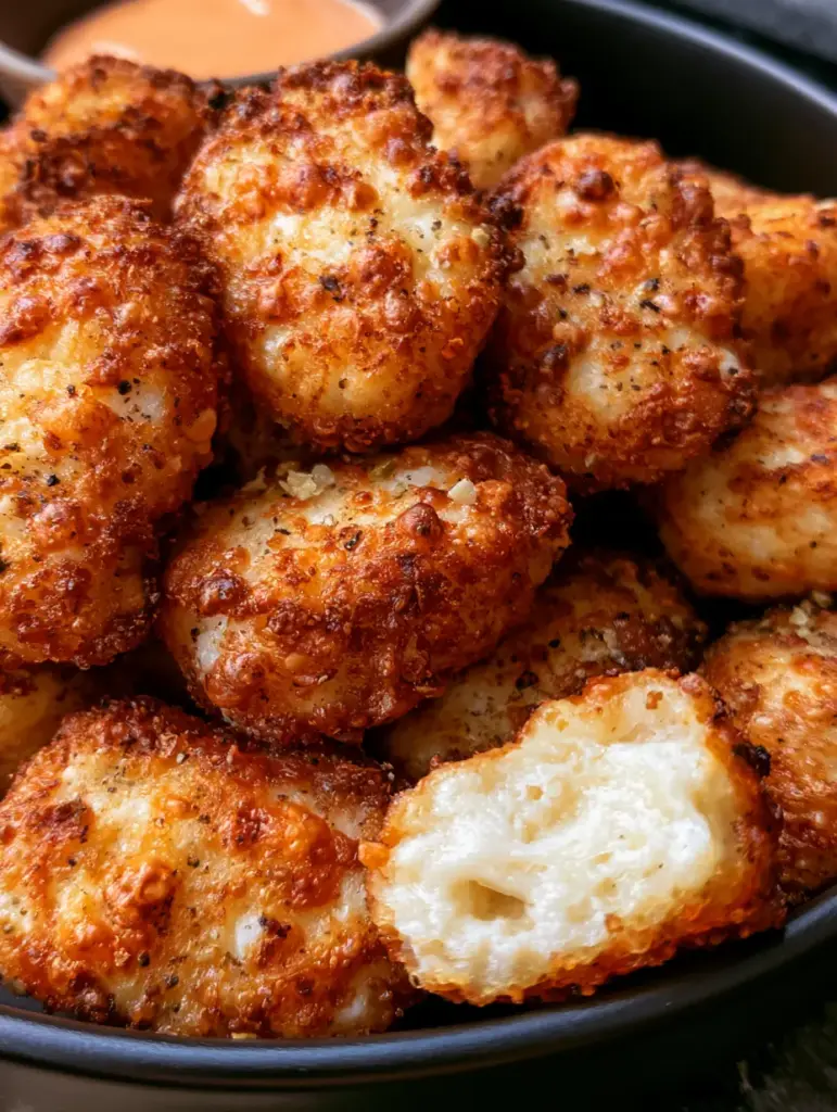 Cottage Cheese Tots with a Crispy Toasted Parmesan Crust 2 Extreme macro close-up of cottage cheese tots showing toasted parmesan bubbles and a steaming soft center. (cottage cheese tots)