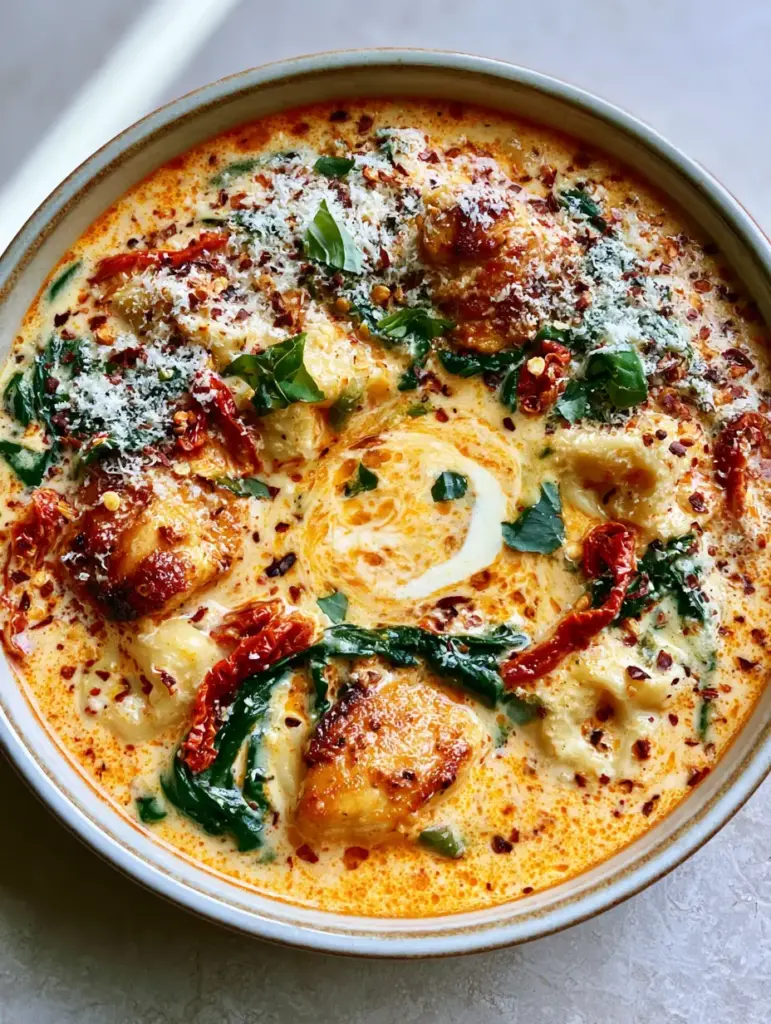 Marry Me Chicken Soup with Cheese Tortellini and Sun-Dried Tomatoes 2 Close up of golden-brown chicken chunks and cheese tortellini in a luxurious Marry Me chicken soup broth.