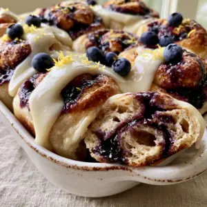 Overhead view of ultra-soft sourdough rolls with purple blueberry juice bubbling through and white lemon glaze. (Blueberry sourdough sweet rolls)